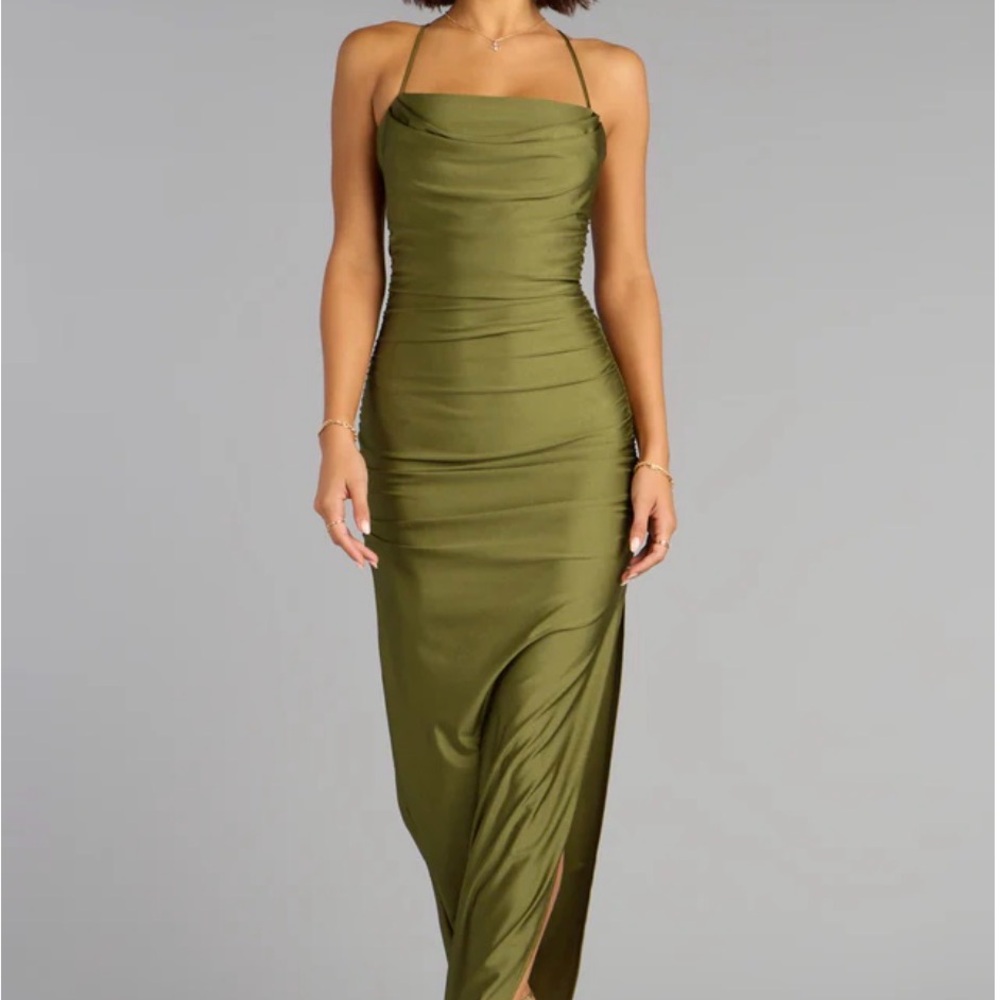 Windsor Olive Green Lace-up Slit Dress
